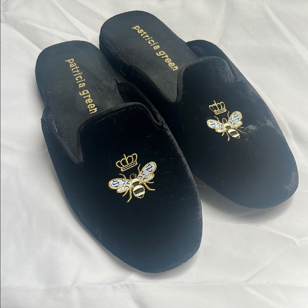 Patricia Green Black Velvet Slippers with Gold Bee Embroidery